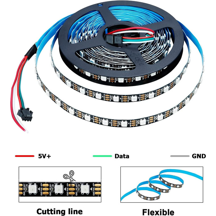 В WS2812B індивідуально адресована світлодіодна стрічка COB 5M 160 світлодіодів / м Гнучка світлодіодна стрічка RGB Повнокольорова Dream Color IP20 Неводонепроникна світлодіодна стрічка для домашньої вечірки (чорна друкована плата, 300 світлодіодів/5 м), 