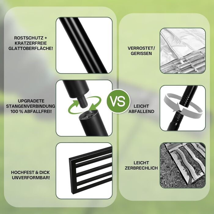 Граблі-рівняч для газону з нержавіючої сталі, з покращеним різьбовим зєднанням для запобігання розхитуванню, з ергономічною регульованою ручкою 2м, для вирівнювання ґрунту, землі, догляду за газоном та ландшафтного дизайну 45x25см