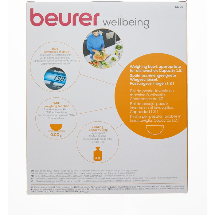 Кухонні ваги Beurer 704.15 KS 25 з ваговою чашею на 1,2 л, цифрові кухонні ваги з функцією зважування тари та вантажопідйомністю 3