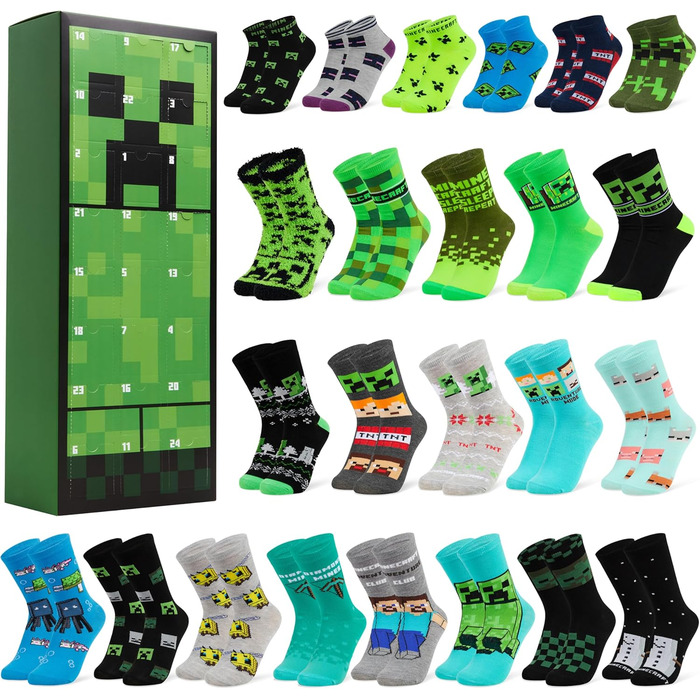Адвент-календар шкарпеток Minecraft 2024 з 24 шкарпетками Crew - Подарунки для дітей