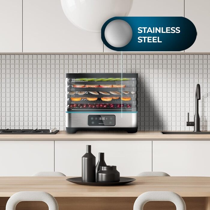 Сушарка для їжі Cecotec VitaDry Pro. 300 Вт, дегідратор для фруктів з 5 регульованими по висоті лотками, цифровий дисплей, таймер від 30 хв до 48 годин, температура від 35-70, нержавіюча сталь