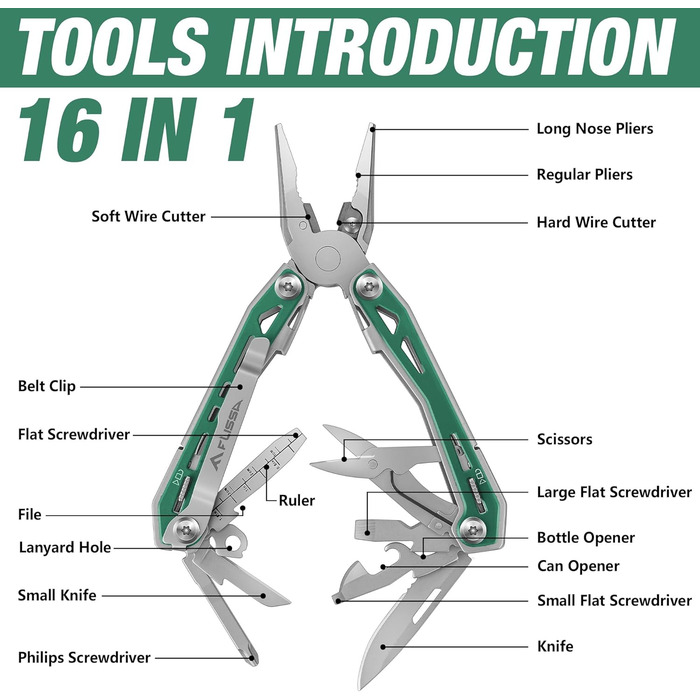 Багатофункціональні кусачки FLISSA 16 в 1, складний багатофункціональний інструмент, багатофункціональний інструмент з нержавіючої сталі з ножем, ножицями, напилком, відкривачкою для пляшок для кемпінгу, відкритий, ремонтний, з сумкою для транспортування,