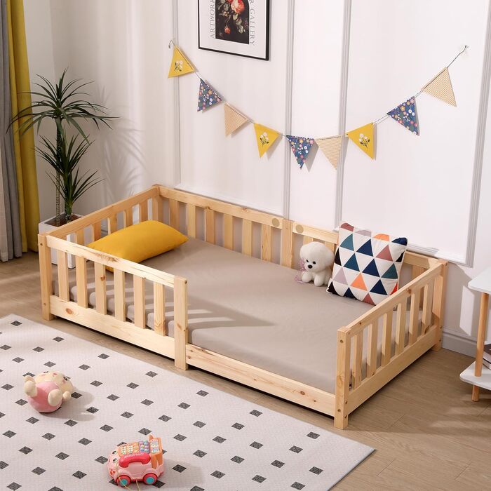 Дитяче ліжко ecomi 80x160 із захистом від падіння, Ліжко на підлозі, Рейкова основа для дітей, Дитячі ліжка для дівчаток та хлопчиків, Масив сосни з натуральним покриттям, 80 x 160 см