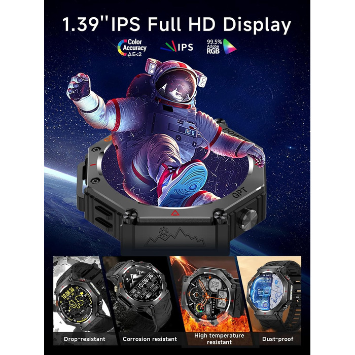 Смарт-годинник для чоловіків, військовий смарт-годинник 2026 року, спортивний годинник, фітнес-годинник 1,39 дюйма для Android та iOS, водонепроникний фітнес-трекер з функцією телефону/серцевий ритм/AI/ChatGPT/понад 100 спортивних режимів, класичний