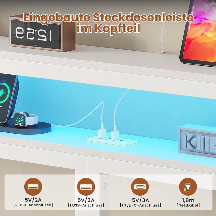 Плаваючий каркас ліжка 140x200 зі світлодіодним освітленням та зарядною станцією, Плаваючий каркас ліжка з узголів&39ям для зберігання, Металеве ліжко з металевою рейковою основою, Гостьове ліжко, Двоспальне ліжко, Дитяче ліжко - без матраца, 140 x 200 см