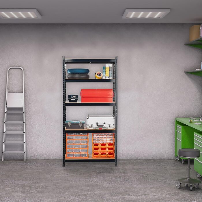 Міцний стелаж Relaxdays 2 шт., вантажопідйомність 875 кг, 5 полиць МДФ, вставний, для підвалу, для гаража, сталь, розміри В/Ш 180 x 90 x 40 см, чорний