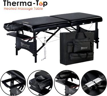 МАСАЖНЕ ОБЛАДНАННЯ MASTER 76 см Мобільний масажний стіл Galaxy ThermaTop з інтегрованою системою обігріву Складане масажне ліжко Масажна лава Косметичне ліжко Портативне косметичне ліжко Дерев&39яна сумка для перенесення, чорний колір ThermaTop 76 см