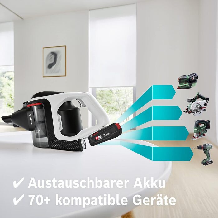 Акумуляторний пилосос Bosch Unlimited Gen2 Series 8 BKS8214W, без мішка, час роботи до 45 хв, змінний акумулятор, світлодіодне осв