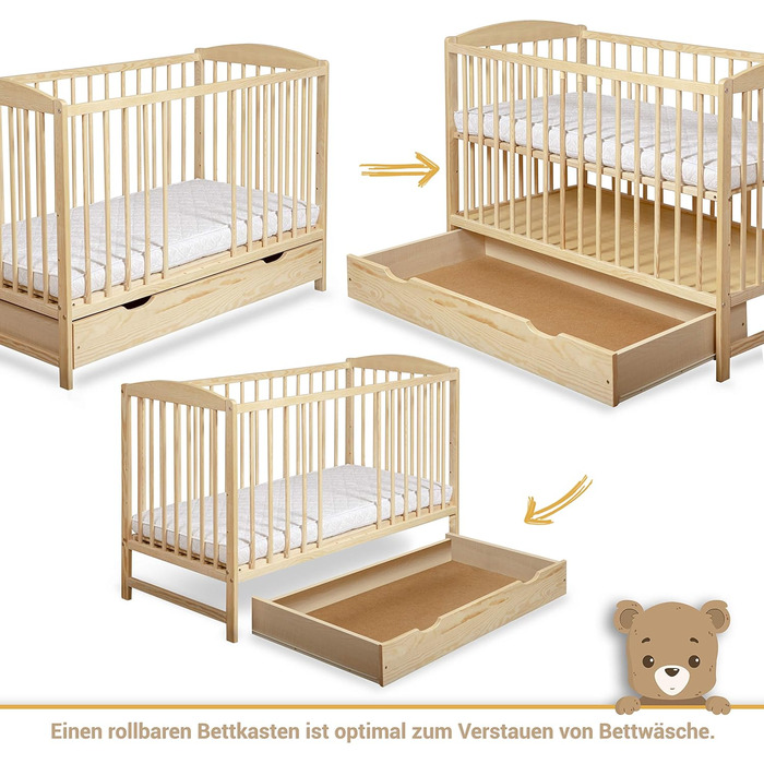 Дитяче ліжко/ліжечко для новонароджених 60x120 см ліжечко з шухлядою, регульованою по висоті рейковою основою та знімними поручнями, трансформується в дитяче ліжко S-120