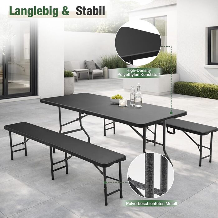 Складаний пластиковий набір для пивного саду Sekey Стіл 2 пивні лавки з ручками для перенесення Набір для пивного саду 180 см для приміщень/вулиці Набір пивних столів (чорний)