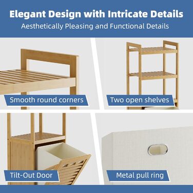 Шафа для ванної кімнати HITNET з кошиком для білизни, бамбукова шафа для ванної кімнати з кошиком для білизни та 3 відкритими полицями, знімні внутрішні кишені об&39ємом 32 л з ручками для ванної кімнати та спальні, натуральний колір