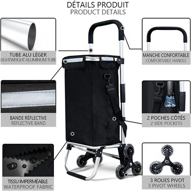 Алюмінієвий візок для покупок зі сходами, складаний, з гачком-поршнем, 6 коліс та термосумкою, водонепроникний, 58л, Чорний