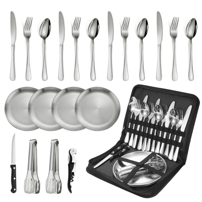 Набір столових приборів для кемпінгу, 20-предметний набір кемпінгового посуду для 4 осіб, нержавіюча сталь, з ложкою, виделкою, ножем, тарілкою та затискачем для кемпінгу, пікніків та походів