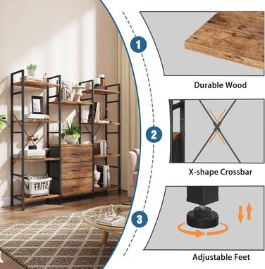 Книжкова полиця 100Ш x 142В см з 4 тканинними шухлядами, окремостояча книжкова полиця, кухонна полиця для вітальні, офісу, балкону, кубічна книжкова полиця, кухонна полиця для зберігання, книжкова шафа, індустріальний дерев&39яний стиль, 4 рівні - 100 см,