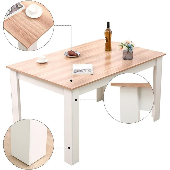 Обідній стіл Mondeer, кухонний стіл на 4-6 осіб, мінімалістичний дерев&39яний стіл для кухні, їдальні, вітальні, Ш138 x Г90 x В75 см, білий та дубовий.