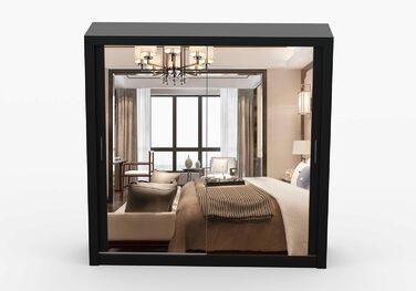 Шафа з дзеркалом - Шафа з розсувними дверима - Шафа для спальні - 64 x 203 x 215 см - Шафа для вітальні - Вішалка для одягу, Шафа з двома дверима, Сучасна 200 см Чорного кольору