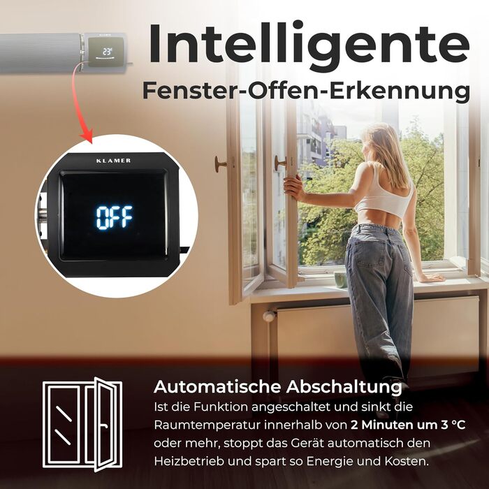 Інфрачервоний обігрівач KLAMER 2600 Вт WiFi радіаційний обігрівач із застосунком і таймером, кріплення на стелю та стіну, виявлення відкритого вікна, захист від перегріву, тихе радіаційне тепло для патіо, зимового саду та приміщень, чорний