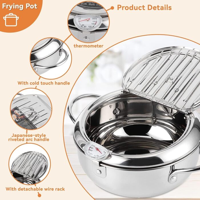 Глибокий горщик, японський горщик для смаження, японський горщик для фритюрниці темпура з термометром, маленький горщик з нержавіючої сталі з термометром, кришкою та сушаркою для картоплі фрі, креветки