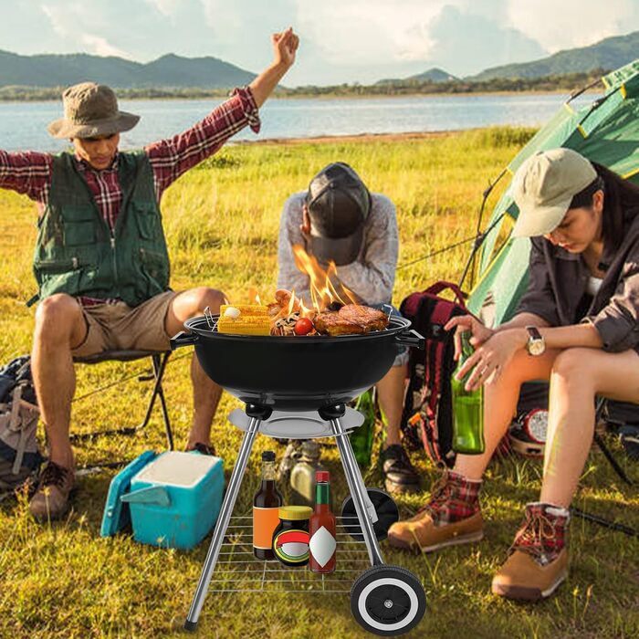 Портативний вугільний гриль 18 дюймів з аксесуарами, потужний гриль на колесах з полицею для зберігання для приготування їжі на відкритому повітрі, барбекю та кемпінгу