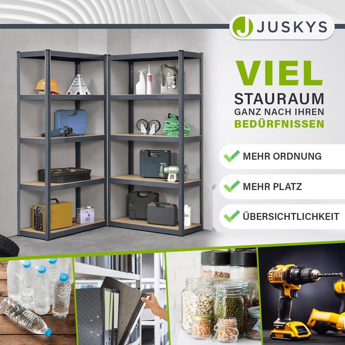 Комплект полиць Juskys Basic, 2 предмети, 2 x 180x90x40 см (ВxШxГ) - 1750 кг - 10 полиць - надміцний стелаж, металевий стелаж без болтів, стелаж для підвалу, система стелажів - сірий