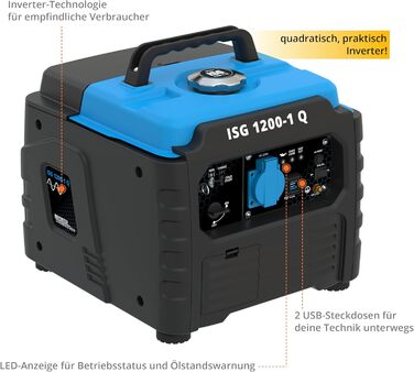 Інверторний генератор Gde ISG 1200-1 Q (4-тактний двигун, бензиновий, 1,3/1,76 (кВт/к.с.), 230 В, 2 шт. USB, макс. 1200 Вт, час роботи до 6 год, бак 3 л, захист від перевантаження, світлодіодний дисплей, аксесуари, вага 12,4 кг)