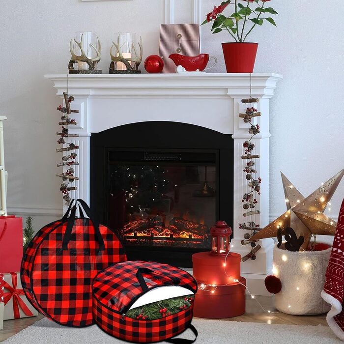 Контейнер для зберігання різдвяного вінка 2 шт. и, картатий візерунок Коробка на блискавці та ручкі для шафи, будинку, горища, підвалу, гаража, Різдва, спальні, гуртожитку 61 x 18 см