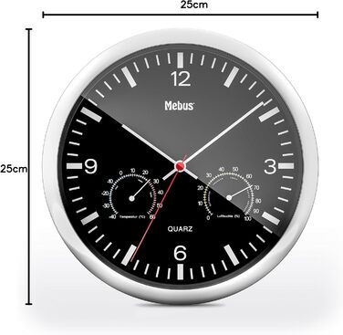 Кварцовий настінний годинник Mebus з термометром і гігрометром / срібна рамка / чорний циферблат / діаметр 25 см / круглий / модел