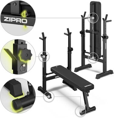 Лава для жиму штанги ZIPRO Core Складана лава з регульованими стійками для штанги та ручками для віджимань Фітнес-лава, вантажопідйомність 230 кг, регулювання висоти в 7 положеннях, силова станція без штанги