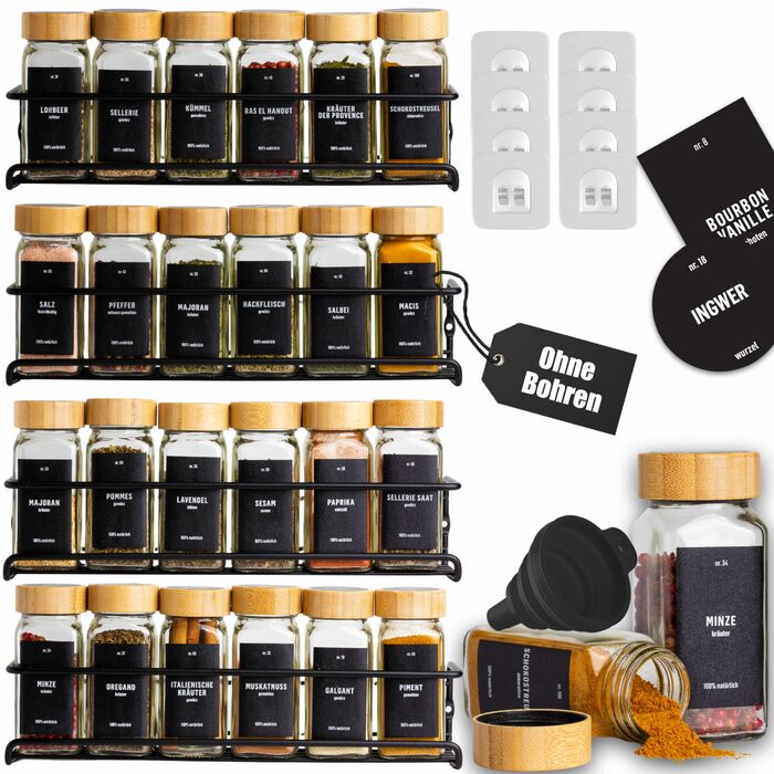 Настінна підставка для спецій Deco haus (свердління не потрібне) З 24 БАНКАМИ ДЛЯ СПЕЦІЙ ТА ЕТИКЕТКАМИ - Підвісна підставка для спецій, набір з 4 шт. - Настінний тримач для спецій - Клейкі підставки для спецій для дверцят шаф - Органайзер для підставок дл