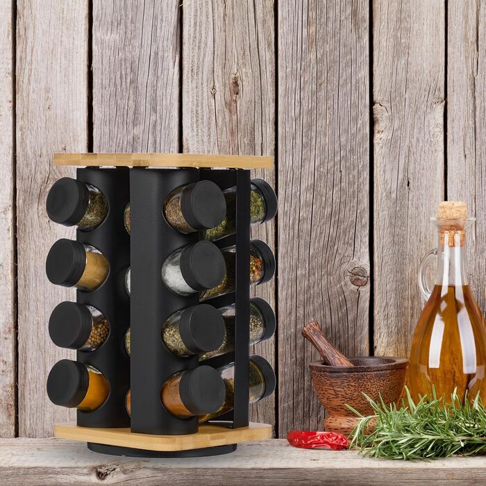 Карусель для спецій Relaxdays, 16 банок для спецій, обертається на 360, нержавіюча сталь, бамбук, скло, ВxШxГ 28 x 20 x 20 см, чорний/натуральний