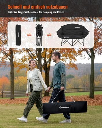 Розкладний кемпінговий диван KingCamp (до 300 кг), розкішне розкладне кемпінгове крісло для 2 осіб, м&39який кемпінговий диван з підлокітниками, подвійне кемпінгове крісло з високою спинкою, 1-, 2- та 3-місна кемпінгова лавка для саду або балкону (L - чор