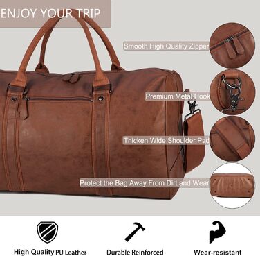Чоловіча водонепроникна дорожня сумка для вихідних, дорожня сумка великої місткості, спортивна сумка, велика сумка для вихідних, велика ручна поклажа, дорожня сумка для чоловіків та жінок, 20 дюймів, коричнева