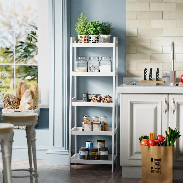 Бамбукова книжкова полиця SMIBUY з драбиною, органайзер для полиць у ванній кімнаті, окремостояча підставка для рослин, компактні полиці для спальні, кухні, балкону (біла, 5 полиць (127 см заввишки)) Біла 5 полиць (127 см заввишки)