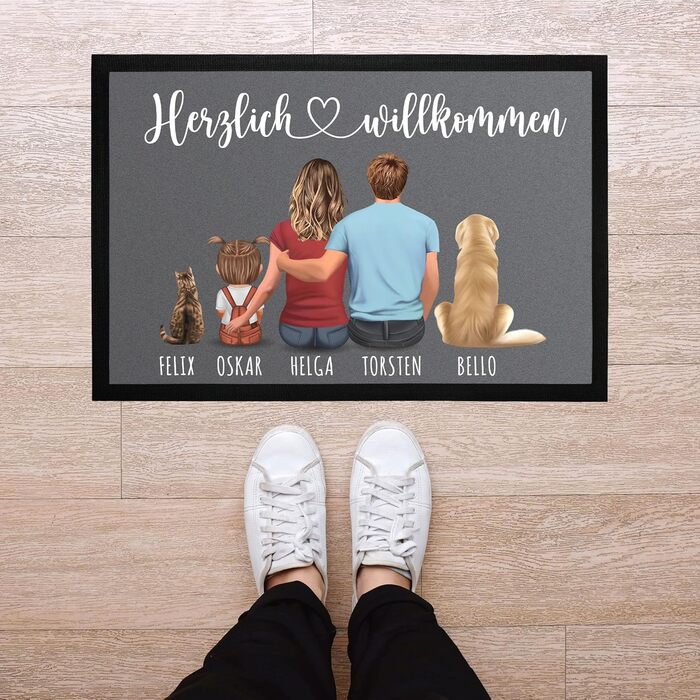 Персоналізований сімейний килимок для дверей з фігурками та іменами (1, 2, 3, 4 дітей, собака, кіт), нековзний та миється, чорний, 60x40 см