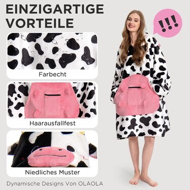 Ковдра великого розміру з капюшоном для дорослих, портативна ковдра з шерпа-флісу з рукавами та кишенями, м&39яка тепла затишна толстовка з капюшоном для жінок та чоловіків, принт корови