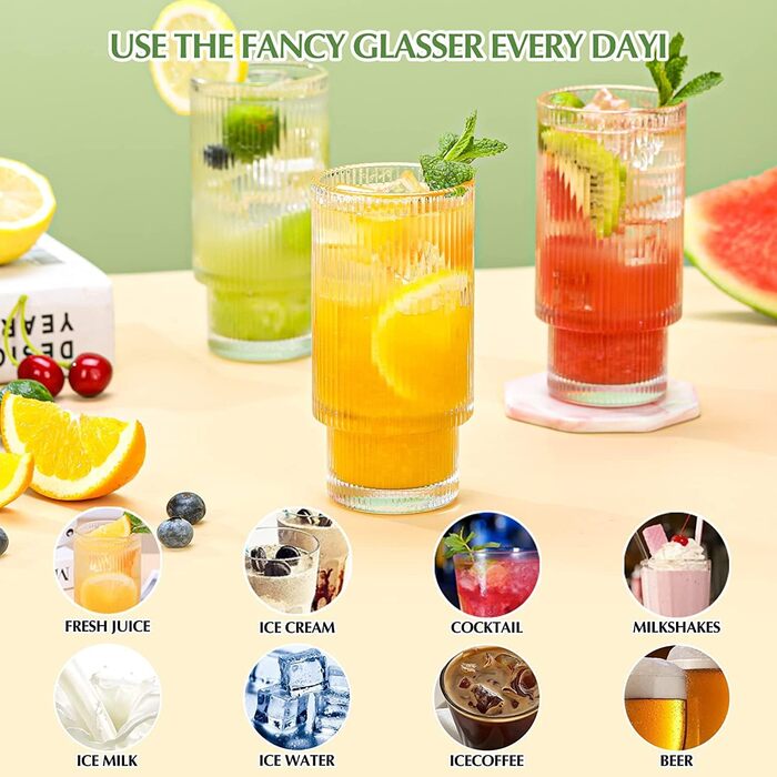 Набір рифлених келихів MUJUZE з соломинкою, 4 шт. окулярів з рифлом естетичний стек, набір окулярів Highball 310 мл, скляні чашки
