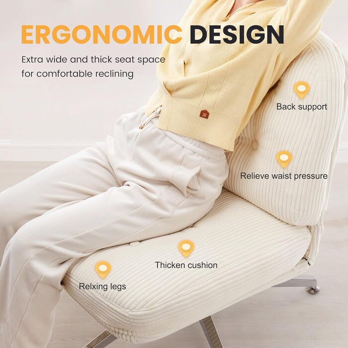 Офісне крісло IWMH без підлокітників, крісло для вітальні зі схрещеними ніжками, ергономічне поворотне крісло з надзвичайно великою тканинною подушкою, письмове крісло для домашнього офісу, туалетний столик, спальня (біле)