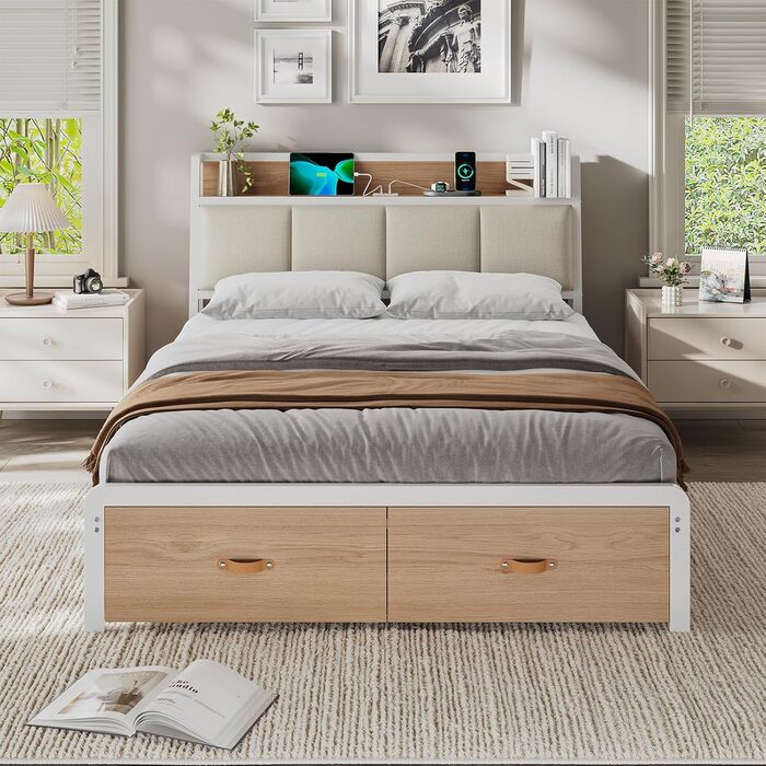 Ліжко 140x200 см, металевий каркас ліжка, основа ліжка з рейковою основою, зарядна станція, 2 шухляди, металевий каркас та дерев&39яне узголів&39я з місцем для зберігання, для спальні, гостьової кімнати, білий натуральний 140 x 200 см білий натуральний