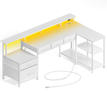 Г-подібний стіл Rolanstar з шухлядами, двосторонній ігровий стіл з розеткою, світлодіодним освітленням та підставкою для монітора, комп&39ютерний стіл 163 см для офісу, кабінету, спальні, білий
