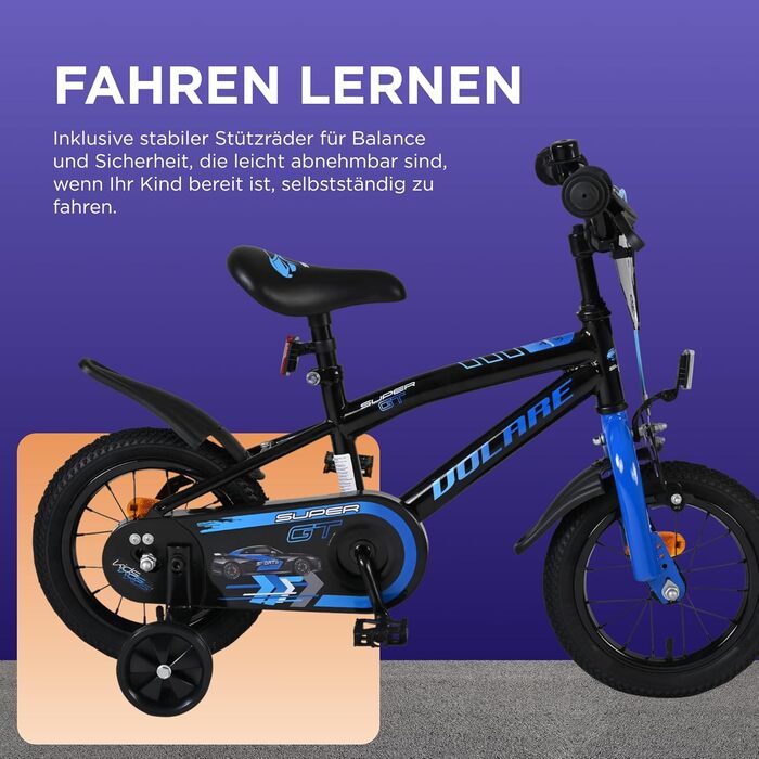 Дитячий велосипед Volare Super GT Blau 12 35 років 2 ручних гальма, знімні бічні колеса, захист ланцюга та світловідбивачі Регульоване сідло Подарунок для дівчаток та хлопчиків