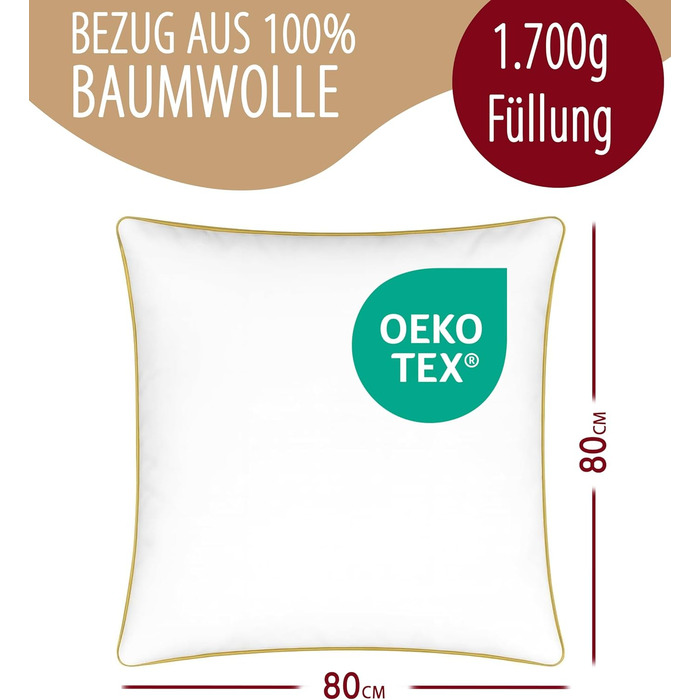 Пухова подушка 80 x 80 см - Подушка зі 100 пір&39яним наповнювачем - Подушка 80x80 см з бавовняним чохлом - Подушка для спокійного сну - Пухова подушка - Подушка - Подушка 80x80 см