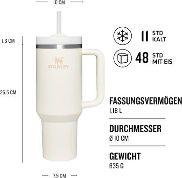 Пляшка для води Stanley Quencher H2.0 FlowState з соломинкою 1,2 л - термокружка охолоджує 11 годин - 48 годин Ice-Cold - Можна мити в посудомийній машині - термос Пляшка BPA Free - Кавова кружка на винос - чорна (кремовий тональний)