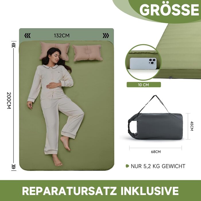 Самонадувальний килимок для сну OUTSKIRT, кемпінговий матрац товщиною 10 см з насосним мішком, коефіцієнт теплоізоляції 9,5, самонадувальний килимок для сну для намету, автомобіля, вантажівки або фургона, зелений, подвійний