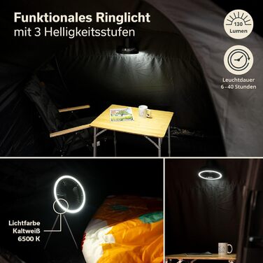 Ліхтар для кемпінгу Skandika Solvind з вентилятором Ліхтар для кемпінгу 3-в-1 з настільним вентилятором та портативним зарядним пристроєм, біле кільце, із зарядним кабелем USB Type-C, регульованою яскравістю, таймером Ліхтар для кемпінгу, для використання