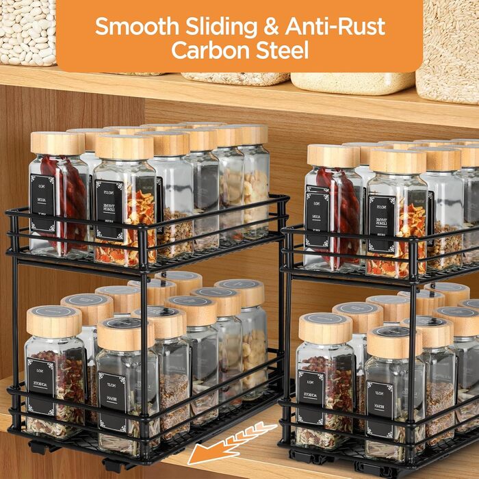 Розсувна підставка для спецій VINATO з 2 ярусами Кухонний органайзер з роликовими рейками, підставка для спецій для шафи, підставка для спецій без свердління (26x15x21,8 см) 26*15*21,8 см