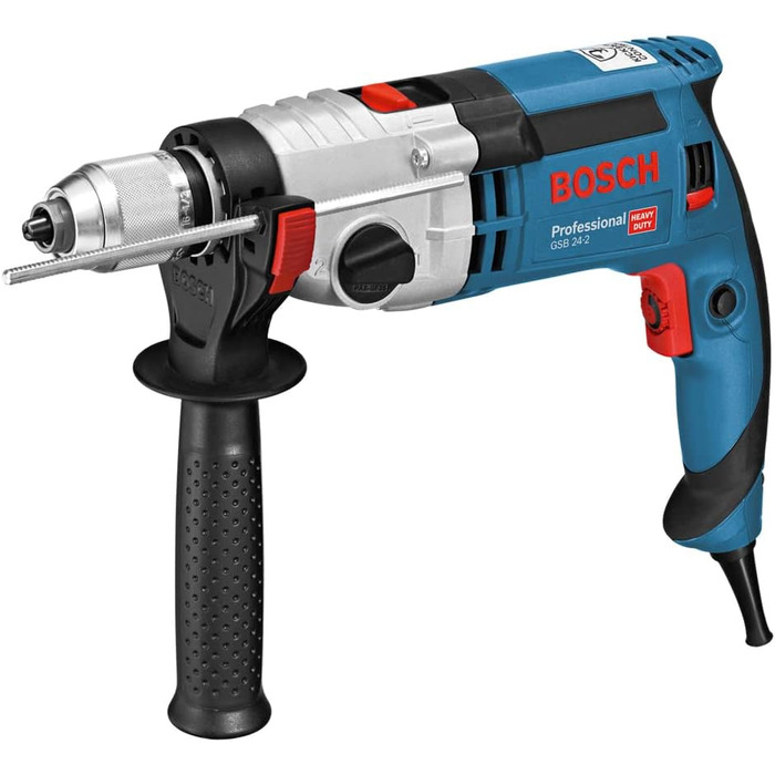 Ударний дриль Bosch Professional GSB 24-2 (потужність 1100 Вт, макс. крутний момент 40/14,5 Нм, вкл. швидкозатискний патрон, додат