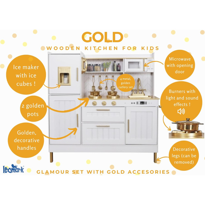 Сучасна дерев&39яна дитяча кухня Leomark з аксесуарами золото Стильна ігрова кухня з духовкою, мийкою та аксесуарами Дерев&39яна і