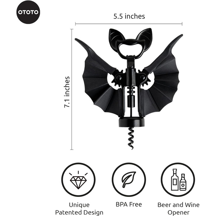 Штопор OTOTO 2-в-1, Готичні винні подарунки на Хелловін, Готичні кухонні гаджети, Відкривачка для пляшок Смішний привид, Пробка для пляшок (Vino Bat)