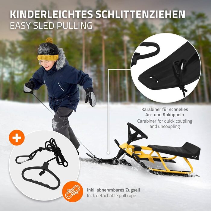 Німеччина Санки з кермом, дитячі санки від 5 років, скібоб для дітей та дорослих до 90 кг, санки з кермом, ножні гальма, тяговий т