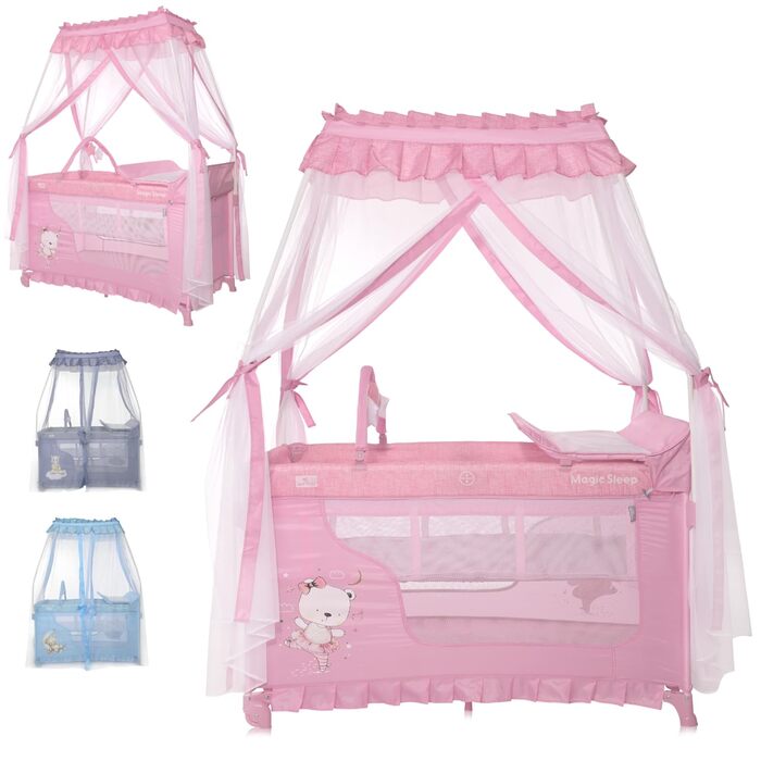 Дитяче ліжечко та манеж Lorelli 3-в-1, ліжко-балдахін Magic Sleep з 2 рівнями, ліжечко від народження, дитяче дорожнє ліжечко, пеленальний килимок, колеса, сумка, рожевий